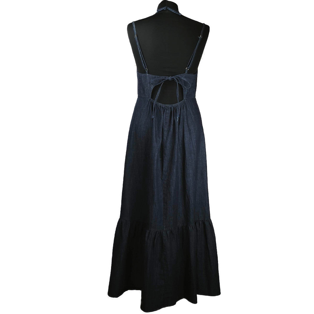 Abito Lungo in Denim con Dettaglio in Pizzo e Schiena Aperta