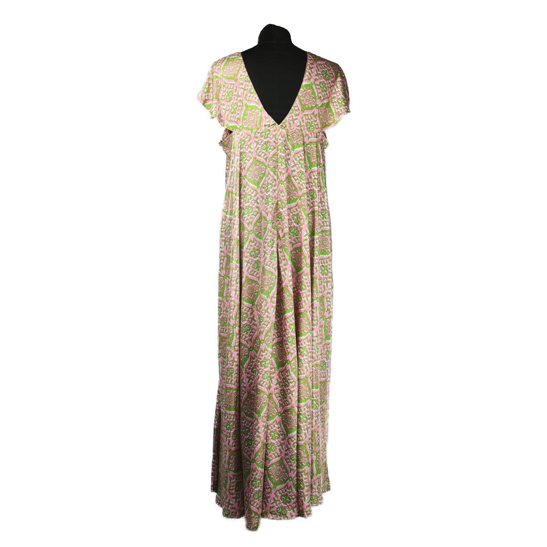 Abito Lungo in Satin Fantasia Rosa e Verde con Cristalli Swarovski e Maniche a Farfalla