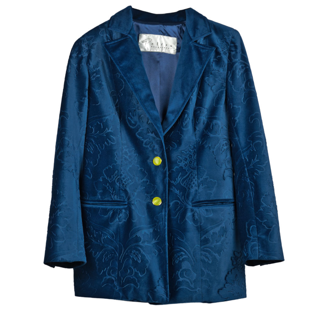 Giacca Donna Damascato Blu Reale con Bottoni a Contrasto
