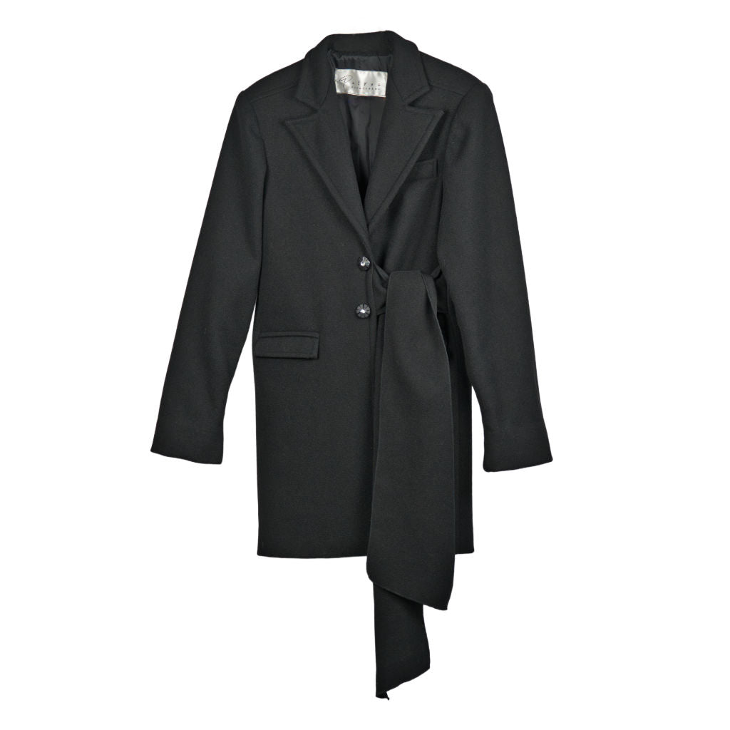 Cappotto Donna Nero Sartoriale in Lana con Cintura Laterale