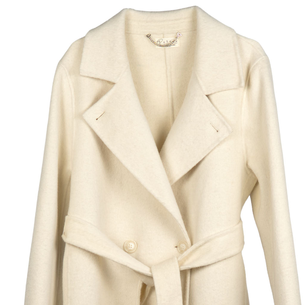 Cappotto Donna Bianco con Cintura e Revers Ampi
