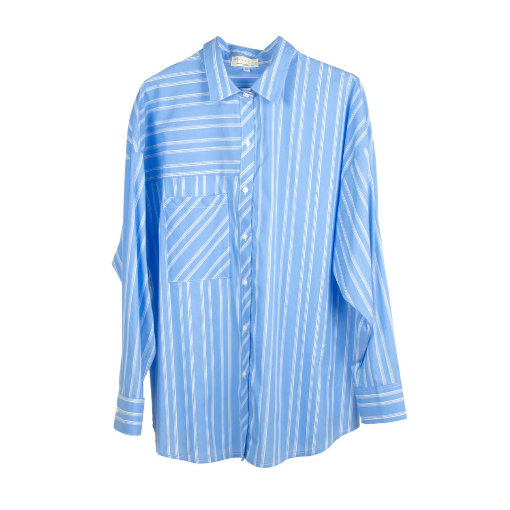 Camicia Donna Azzurra Oversize a Righe con Taschino