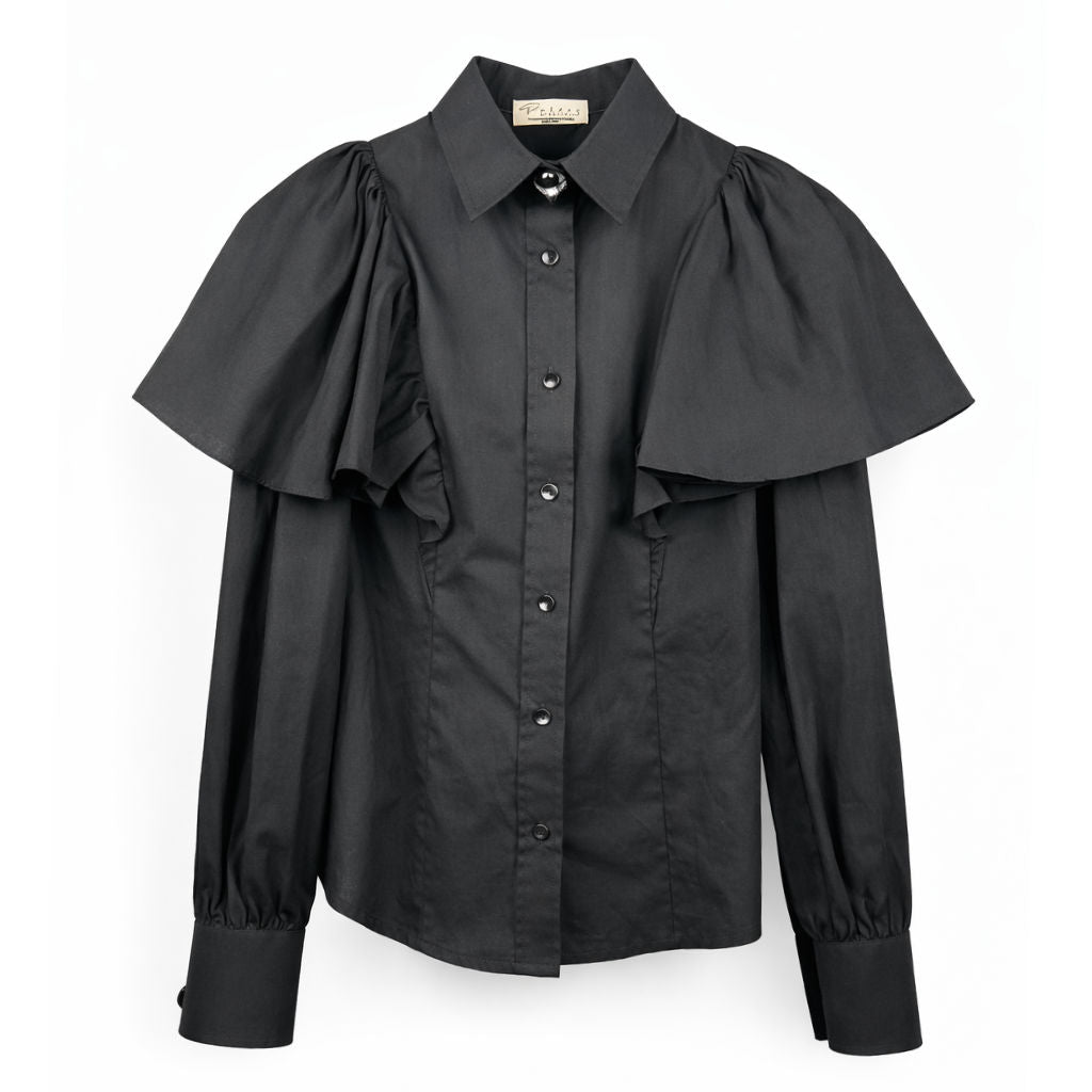 Camicia Donna Nera con Mantella e Bottone Gioiello