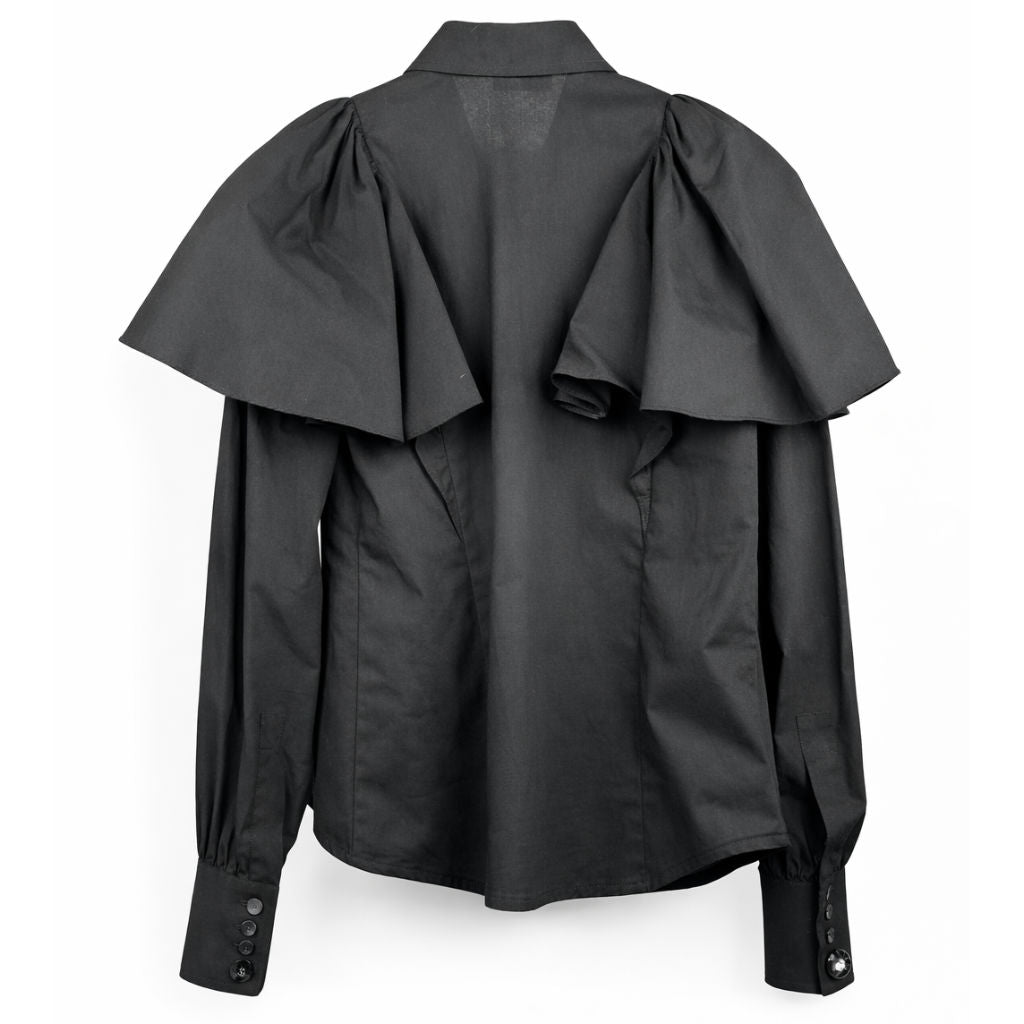 Camicia Donna Nera con Mantella e Bottone Gioiello