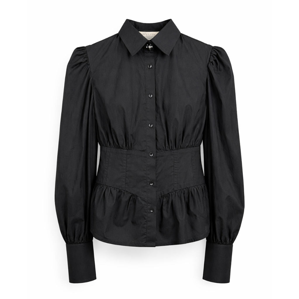 Camicia Donna Nera Bustier con Maniche a Sbuffo e Bottoni Gioiello