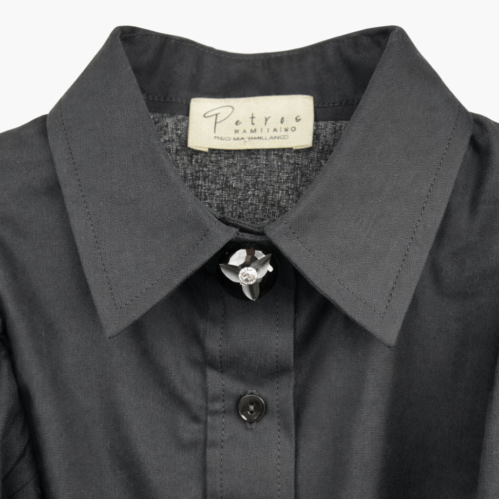 Camicia Donna Nera Bustier con Maniche a Sbuffo e Bottoni Gioiello