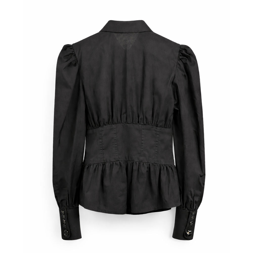 Camicia Donna Nera Bustier con Maniche a Sbuffo e Bottoni Gioiello