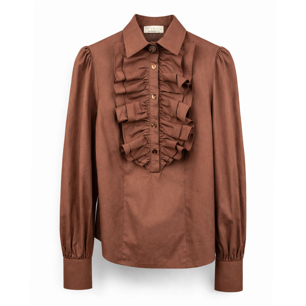 Camicia Donna Cioccolato con Rouches e Bottoni Gioiello