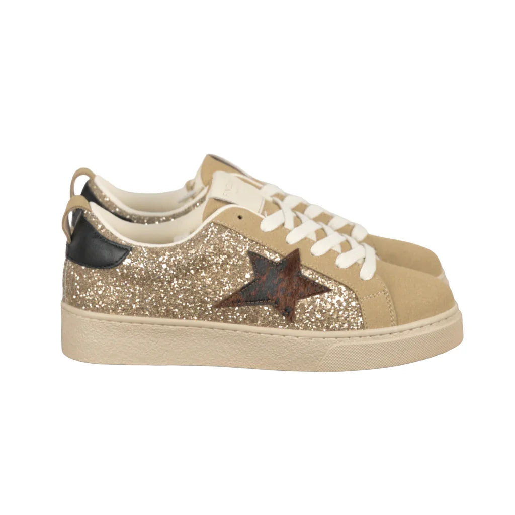 Sneakers Donna Beige in Suede con Glitter Oro