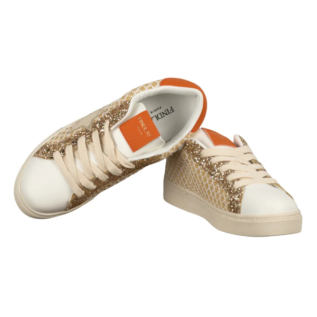 Sneakers Donna Sabbia con Glitter Oro e Dettaglio Arancio