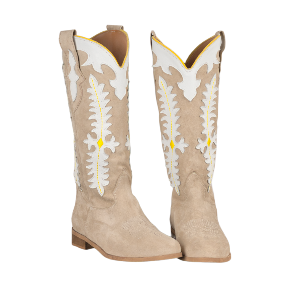 Stivali Donna Texani in Suede Beige con Ricami