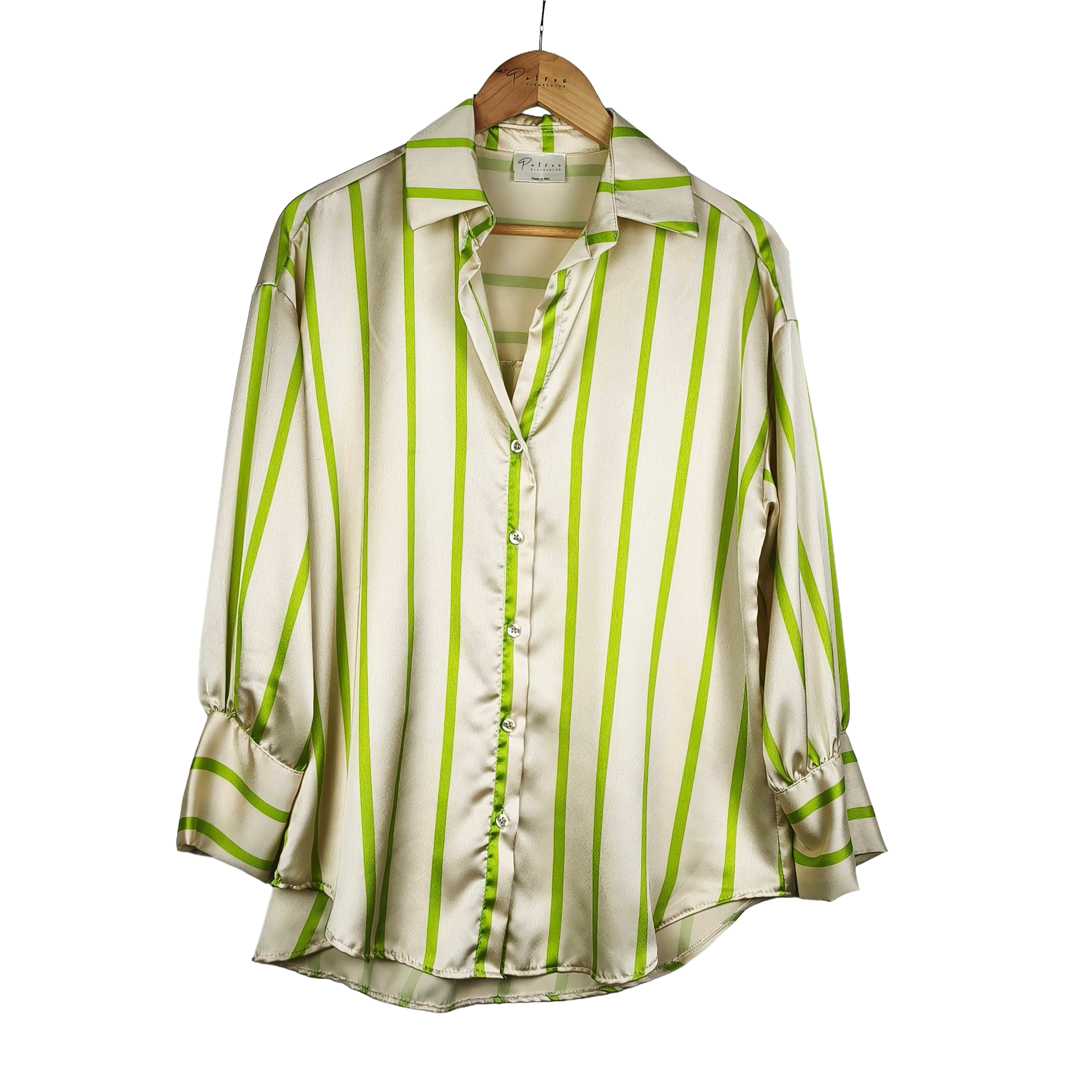 Camicia Donna in Satin Avorio a Righe Verdi