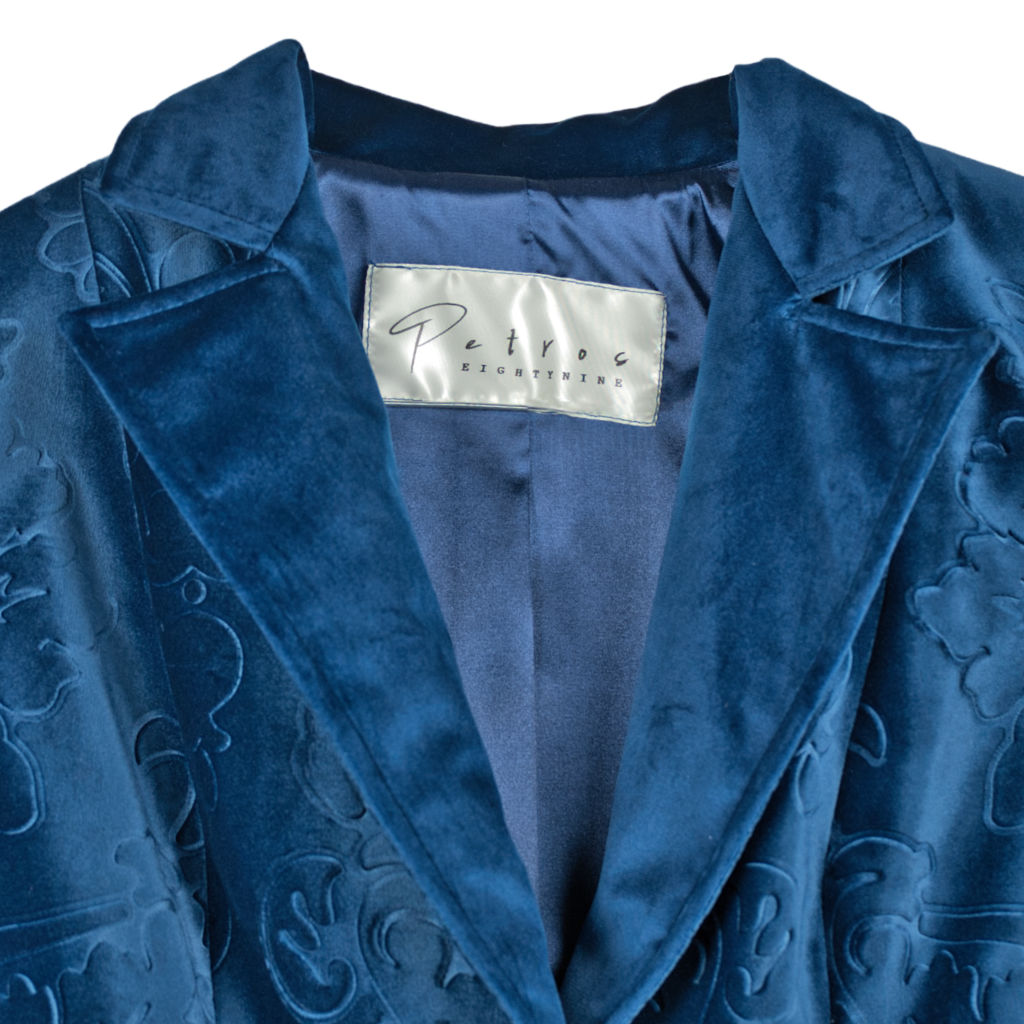 Giacca Donna Damascato Blu Reale con Bottoni a Contrasto