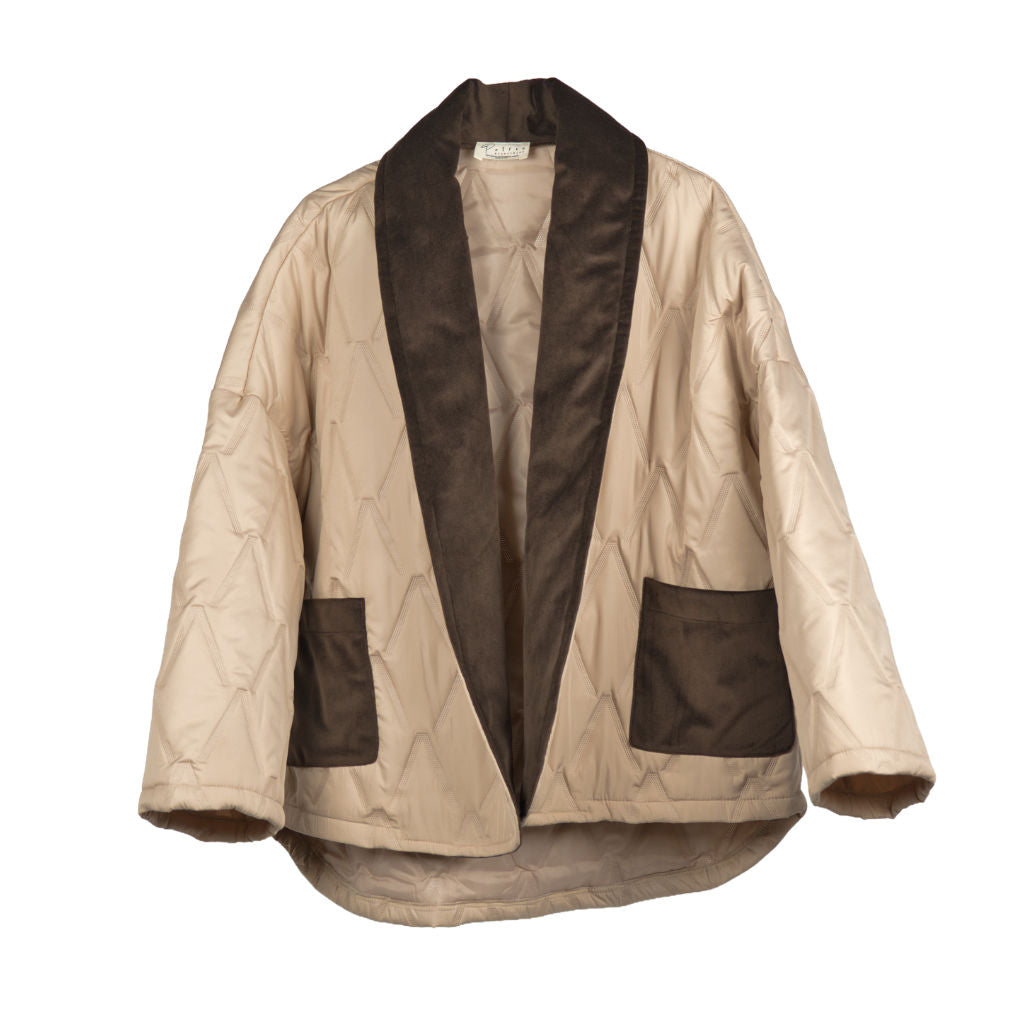 Giacca Donna Piumino Trapuntata Beige con Rever a Contrasto