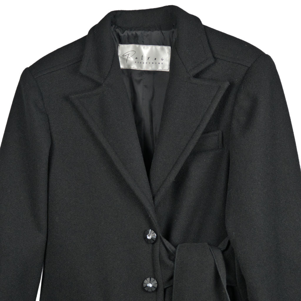 Cappotto Donna Nero Sartoriale in Lana con Cintura Laterale
