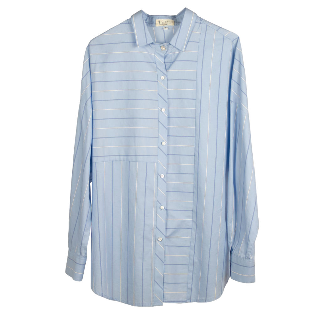 Camicia Donna Lunga Azzurra a Righe Patchwork
