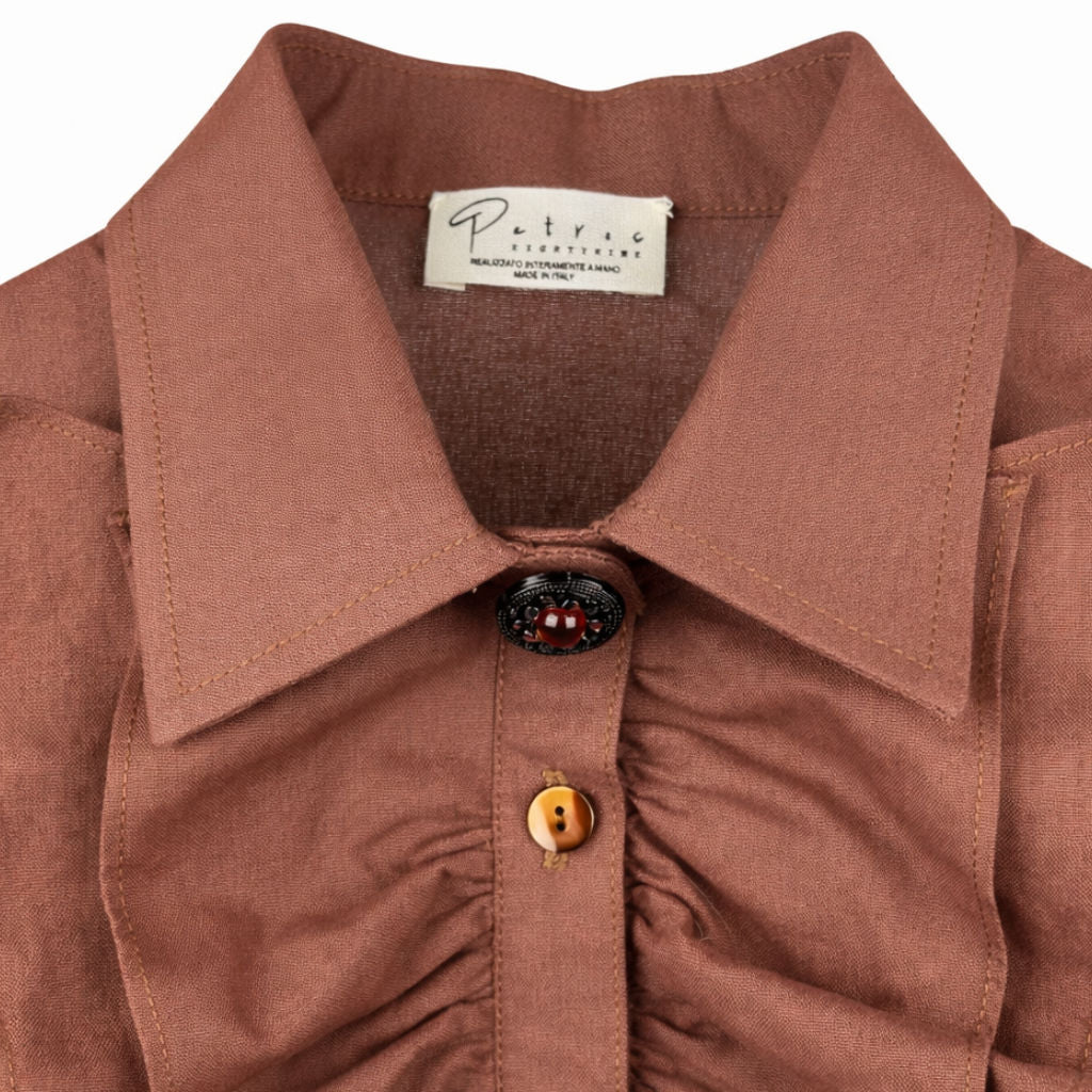 Camicia Donna Cioccolato con Rouches e Bottoni Gioiello