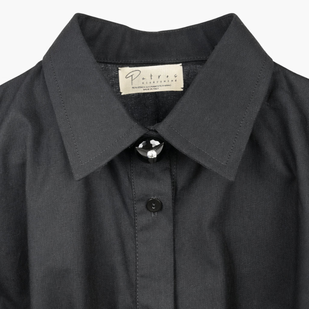 Camicia Donna Nera con Mantella e Bottone Gioiello