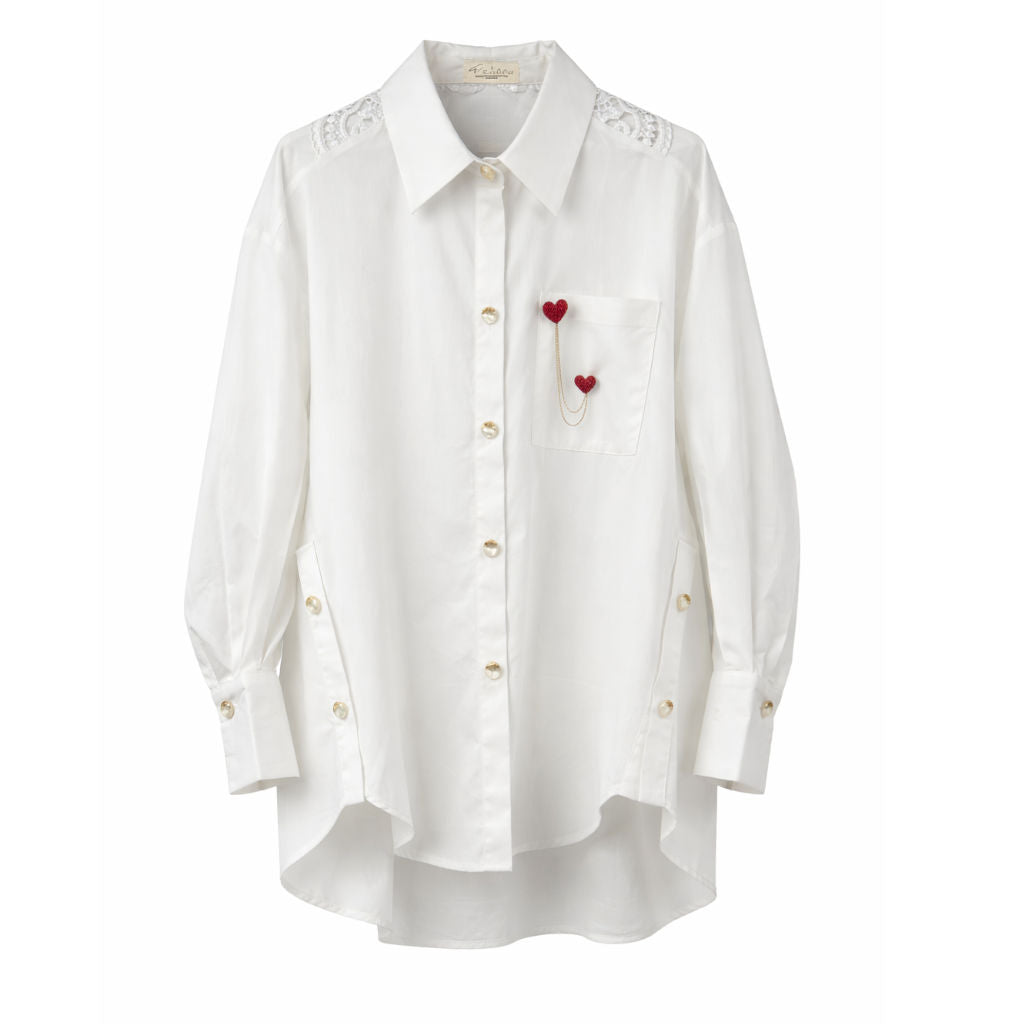 Camicia Donna Bianca Oversize con Pizzo Posteriore e Cuori Gioiello