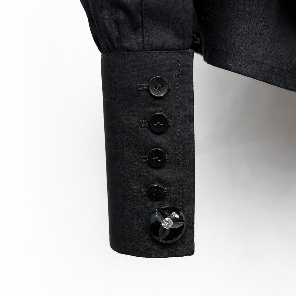 Camicia Donna Nera Bustier con Maniche a Sbuffo e Bottoni Gioiello
