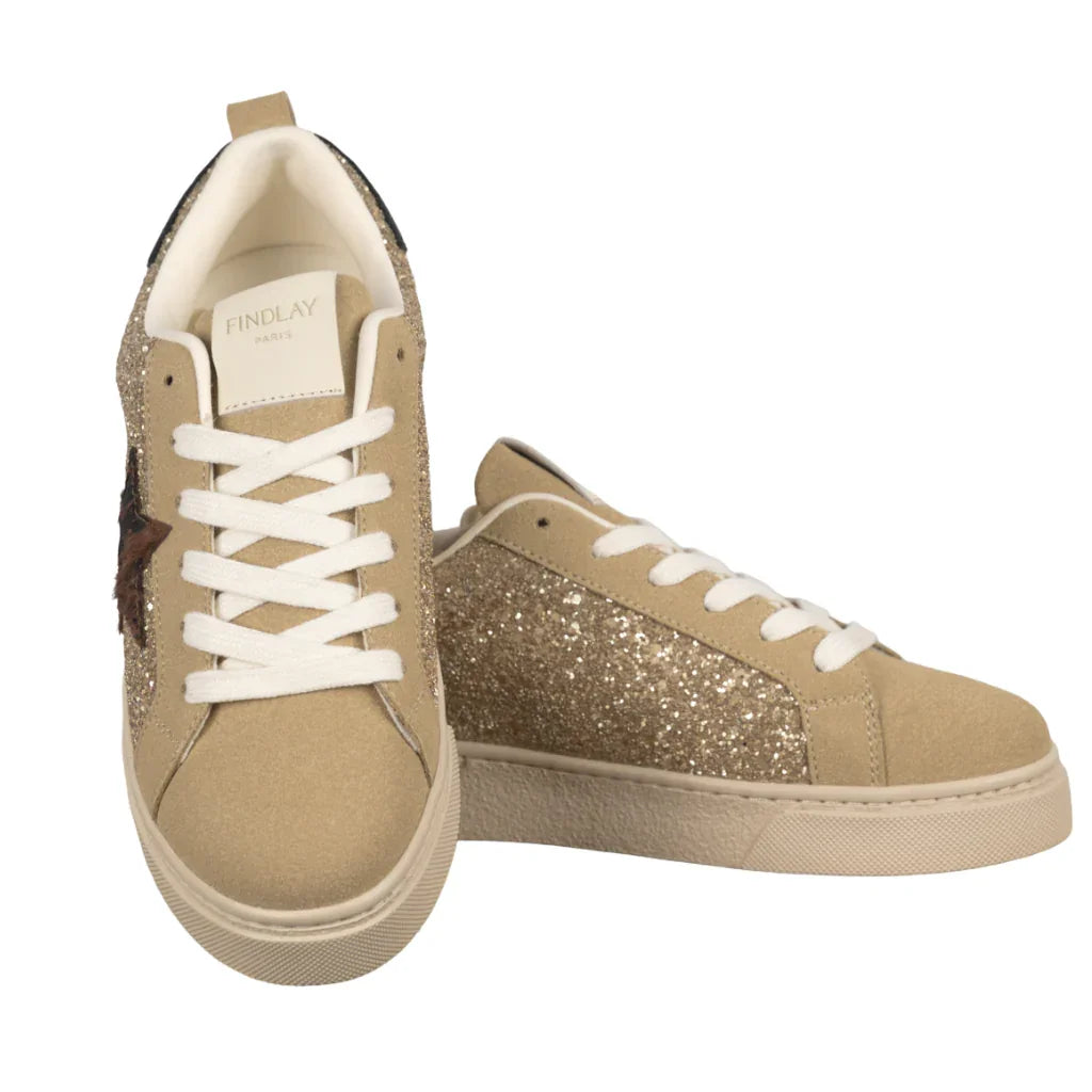 Sneakers Donna Beige in Suede con Glitter Oro