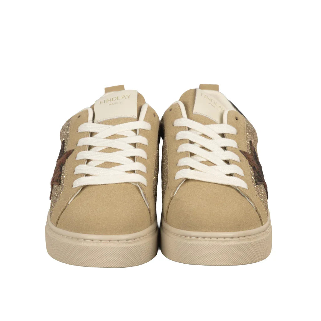 Sneakers Donna Beige in Suede con Glitter Oro