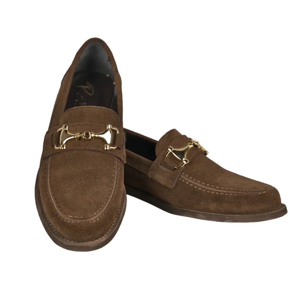 Mocassini Donna in Suede Marrone con Fibbia Oro
