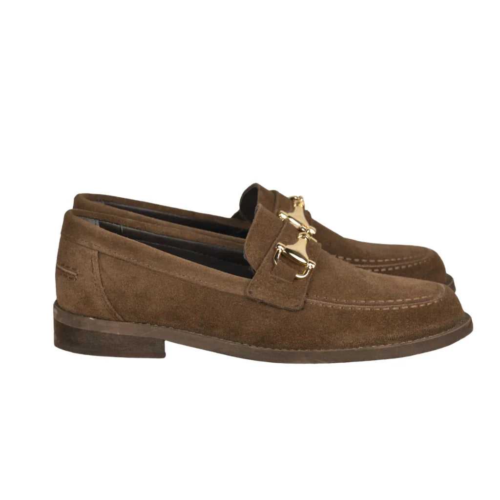 Mocassini Donna in Suede Marrone con Fibbia Oro