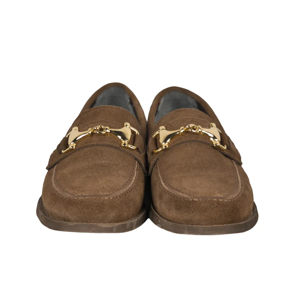 Mocassini Donna in Suede Marrone con Fibbia Oro