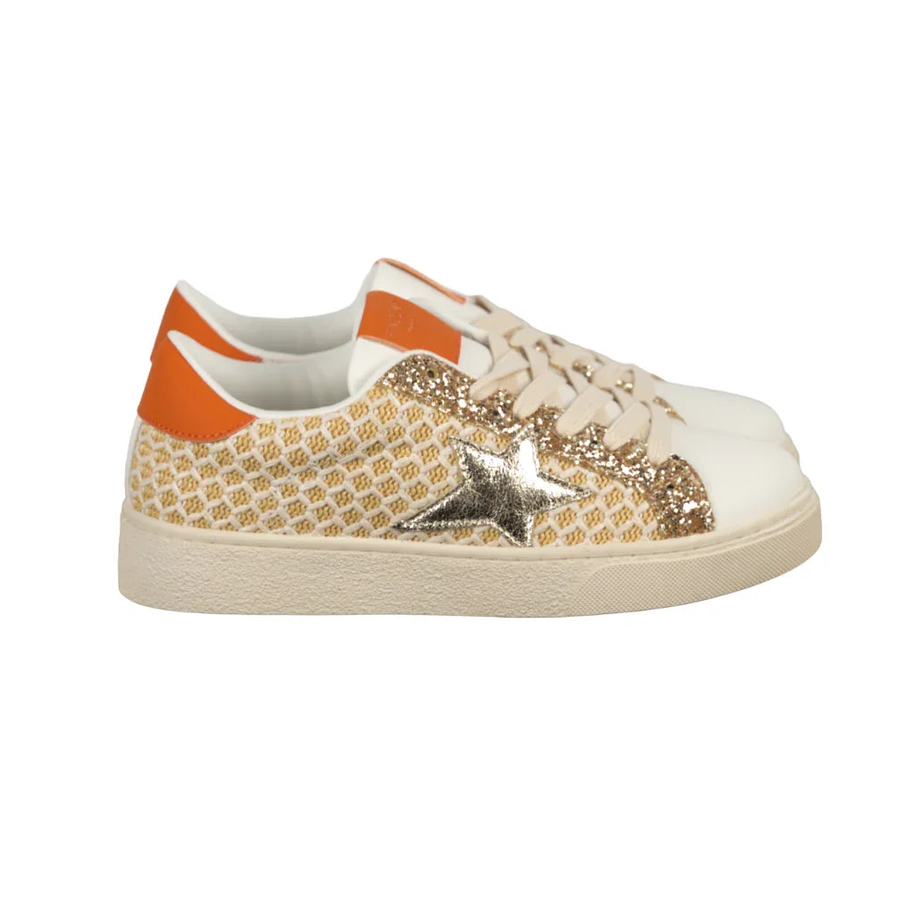 Sneakers Donna Sabbia con Glitter Oro e Dettaglio Arancio