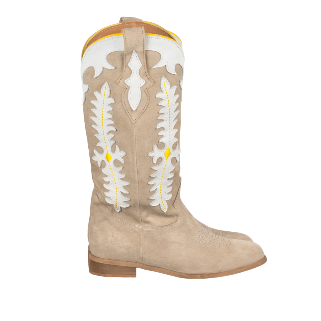 Stivali Donna Texani in Suede Beige con Ricami