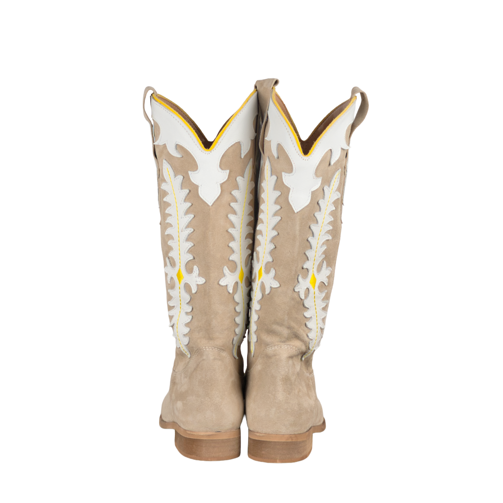Stivali Donna Texani in Suede Beige con Ricami