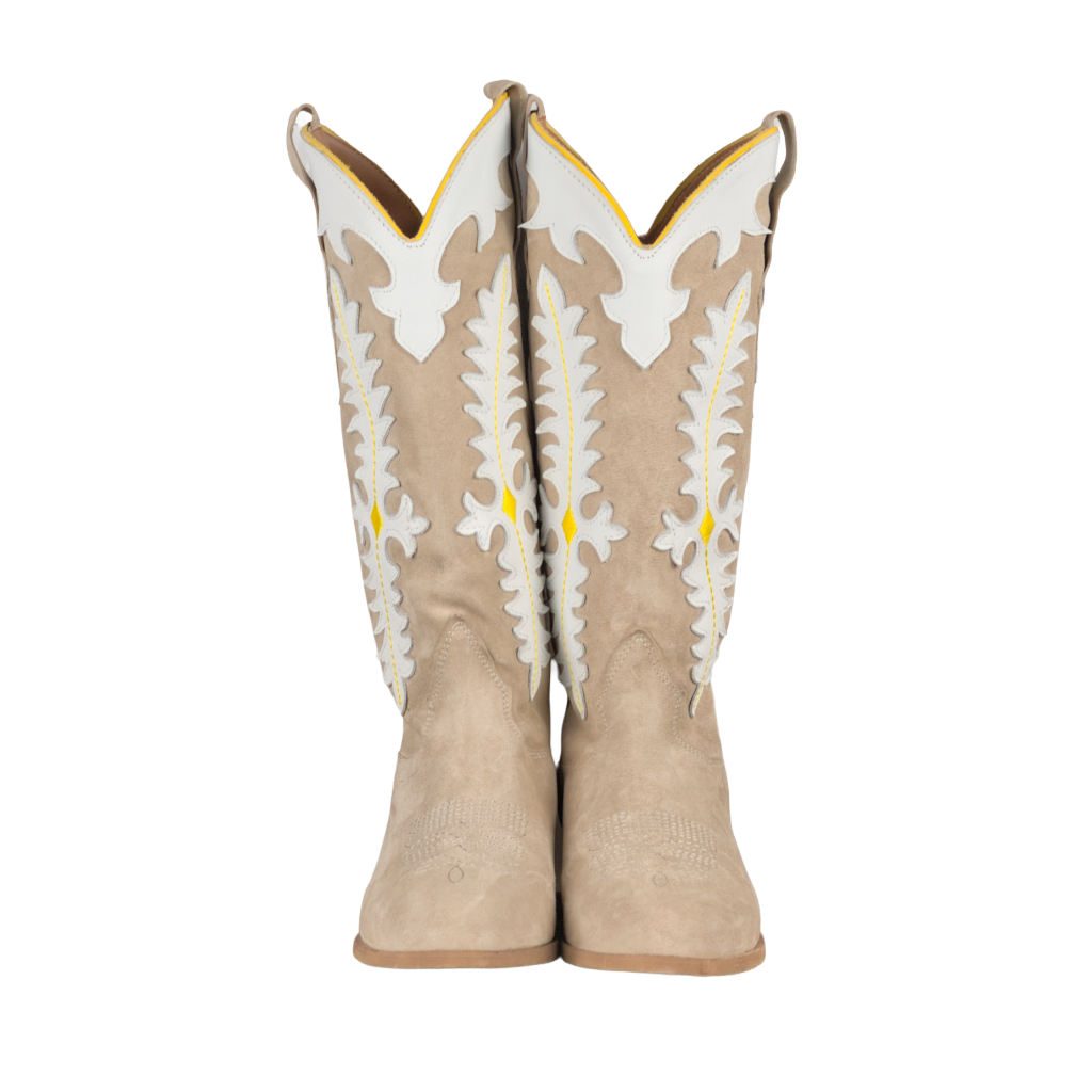 Stivali Donna Texani in Suede Beige con Ricami