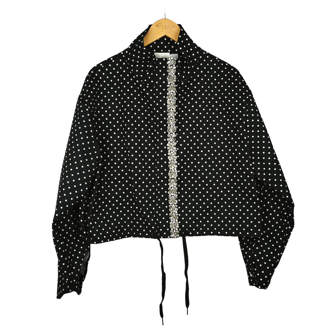 Giacca Cropped a Pois con Bordura in Cristalli e Laccetto